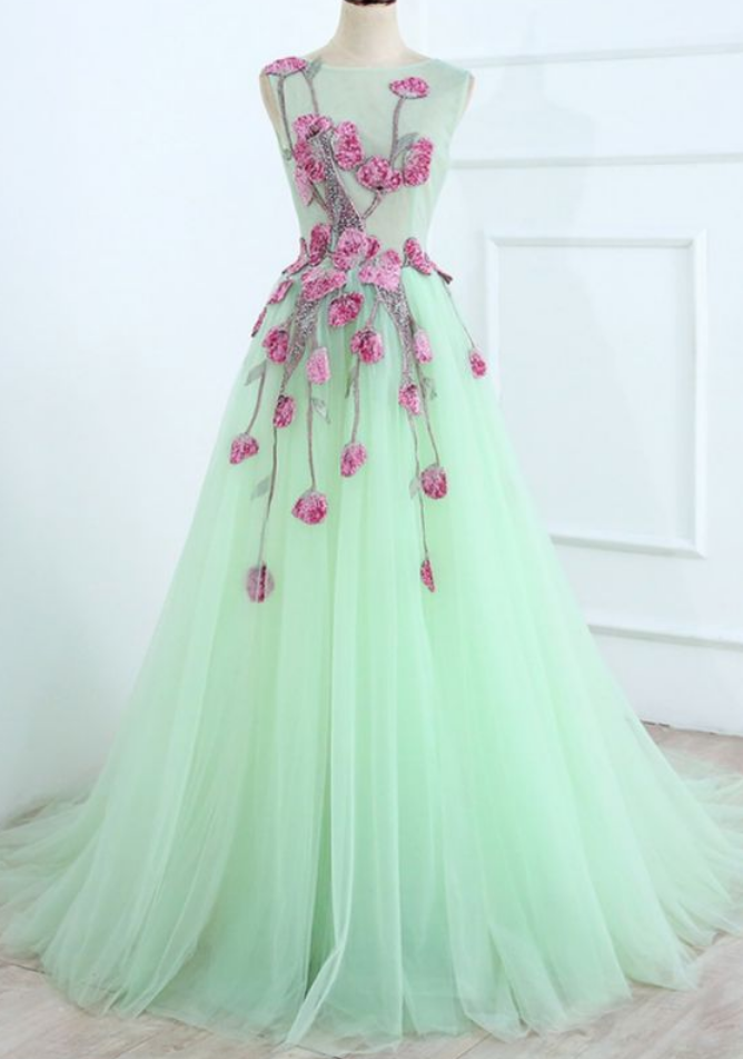 Tulle Long Embroidery Evening Dress, Open Back Prom Dress