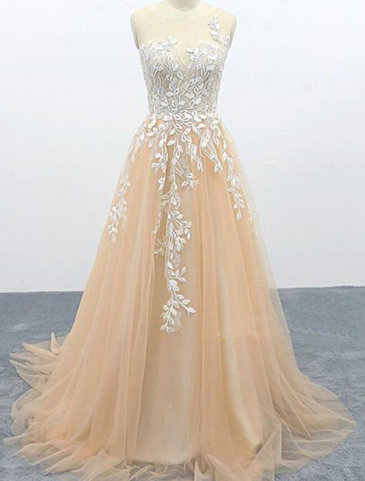 Tulle Lace Sweep Train Evening Dress Senior Prom Dress