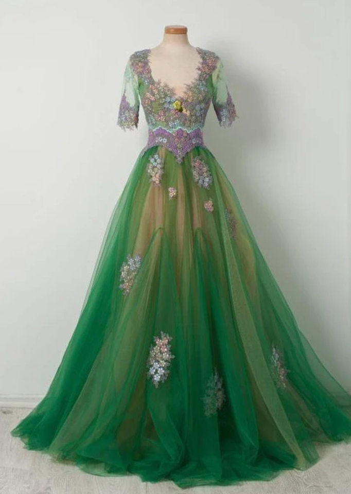 Appliques Half Sleeves Long Tulle Prom Dress
