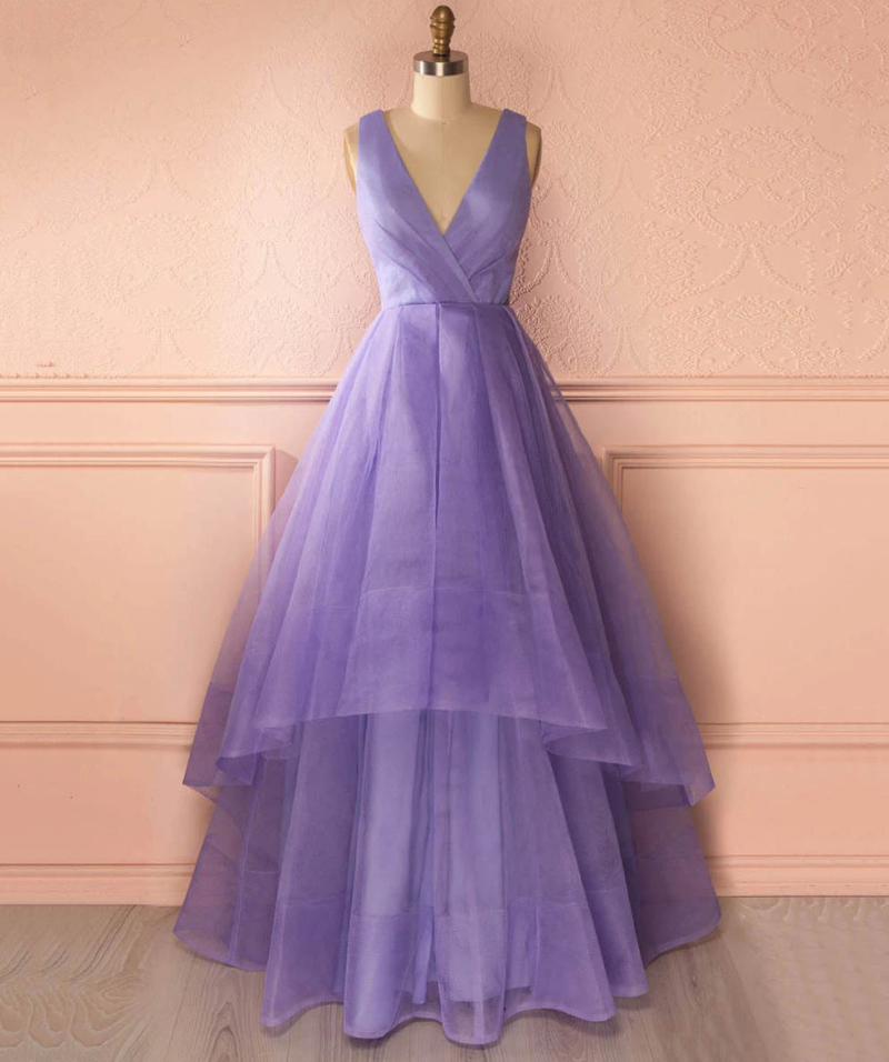 Unique Deep V Neck Floor Length Prom Dress, Organza Princess Long Prom Dress, Asymmetric Tiered Pleats Prom Dress
