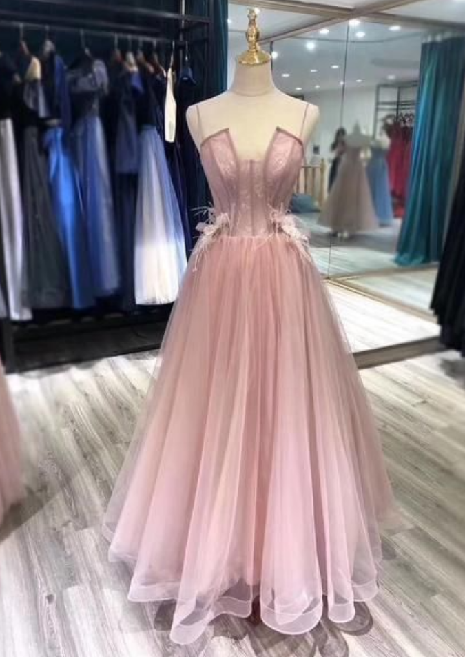 Charming Tulle Straps Long Formal Gown, Elegant Party Dress