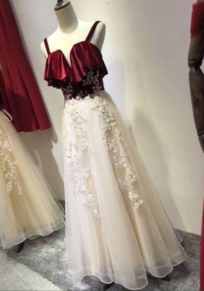 Charming Straps Tulle Velvet And Tulle Party Dress, Handmade Formal Gown Prom Dress