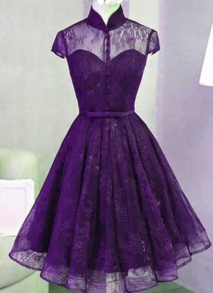 Lace High Neckline Short Party Dress, Lace Prom Dress