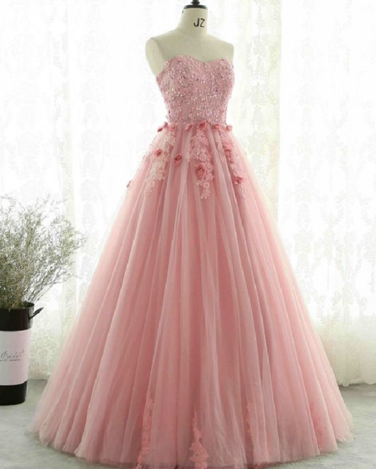 Sweetheart Neck Tulle Long, A-line Formal Prom Dress , Lace Applique Evening Dress,beading 3d Flower Party Dressdress