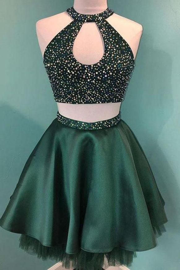 Halter Beaded Green Satin Two Piece Homecoming Dress Short