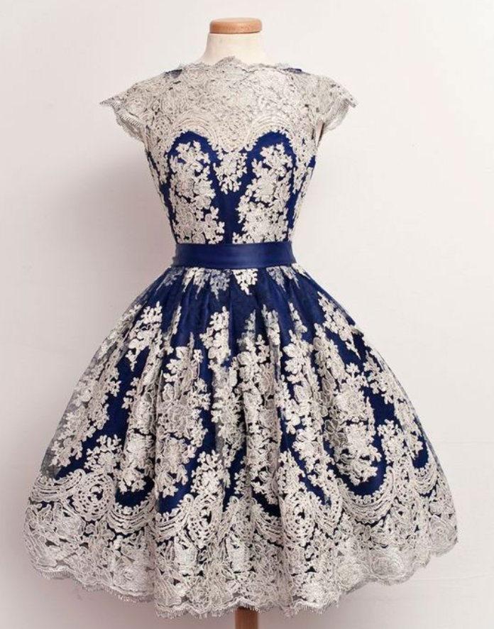Elegant Tea Length Vintage Royal Blue Homecoming Dresses With Appliques For Women