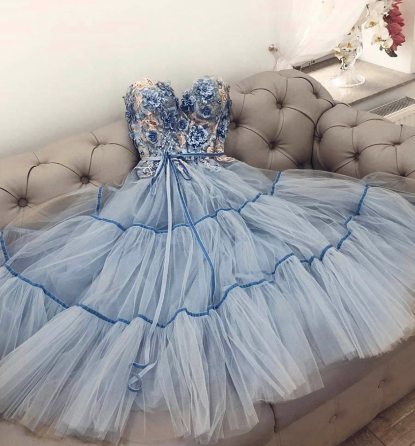 Blue Tulle Lace Appliqué Prom Dress A Line Evening Dress