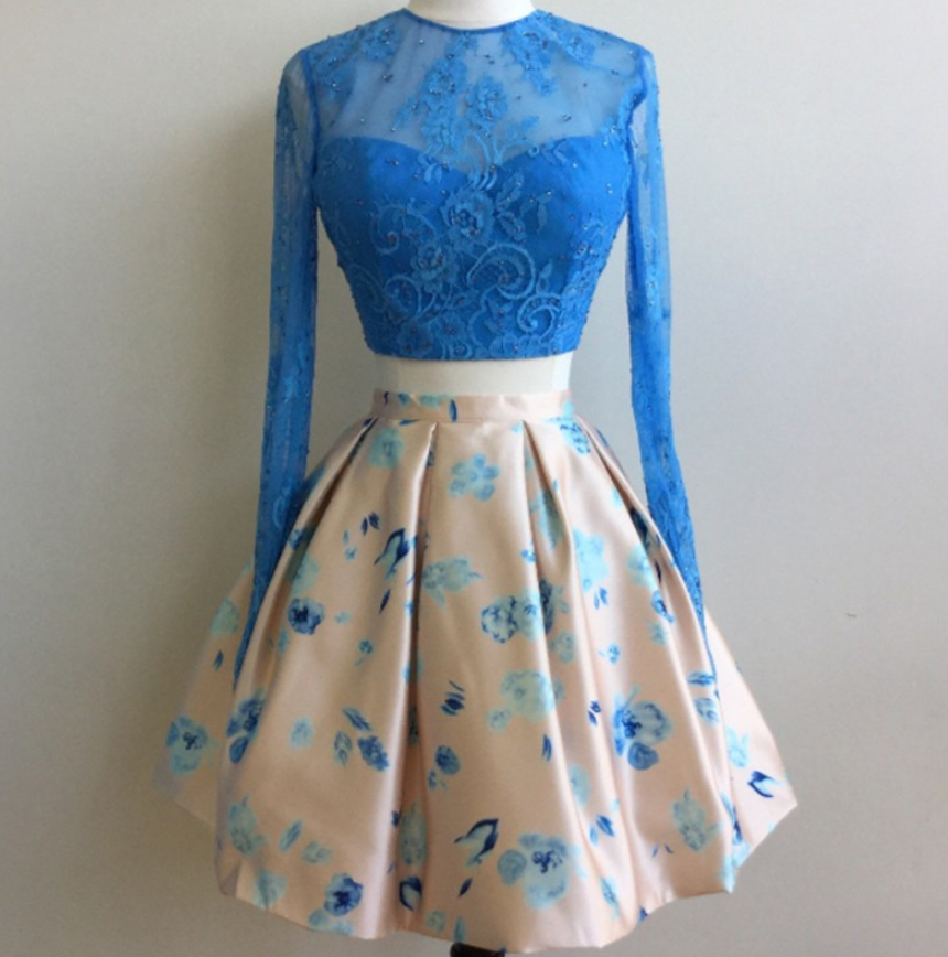 Short Homecoming Dress, Cocktail Party Dresses, Blue Homecoming Dress, Print Prom Dress, Long Sleeve Homecoming Dress, Lace Homecoming Dress,