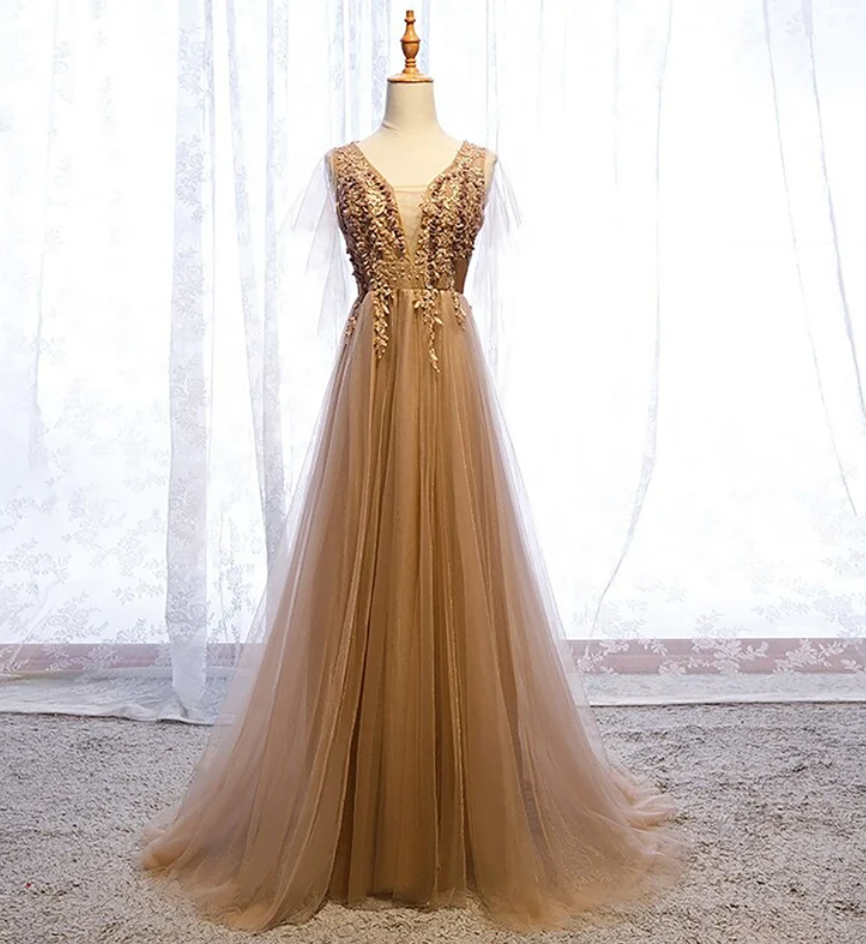 Prom Dress Brown Color Decorate With Embroidered Flowers, Prom Dress With Transparent Sleeve, Fairy Dress Women