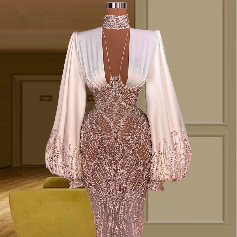 Elegant Long Lantern Sleeve Mermaid Evening Dresses Lace Beaded Handmade Prom Gowns Fashion Design Vestidos Formales