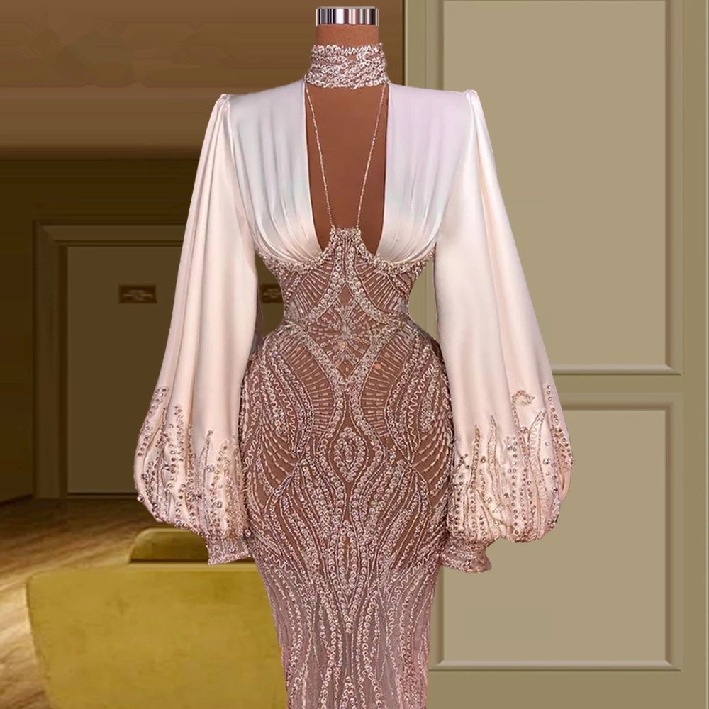 Coffee Satin Pleat Evening Dresses Gowns 2025 Mermaid Elegant Lantern Sleeve For Women Party LA71274
