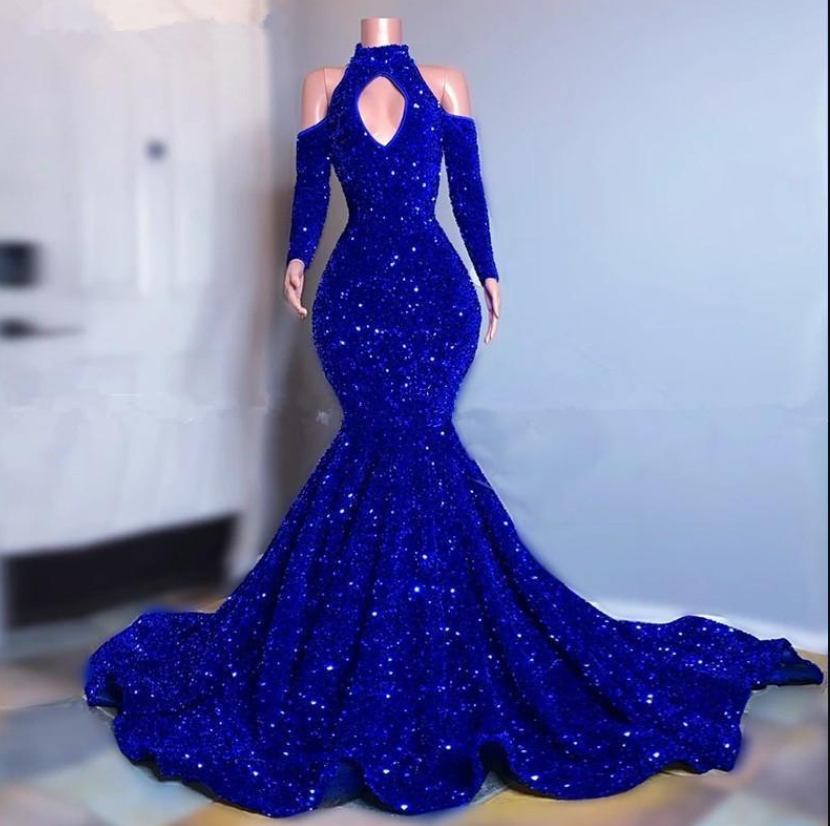 Plus Size Royal Blue Sequins Mermaid Prom Dresses Elegant Long Sleeves Evening Gowns 2021 Off Shoulder Women Formal Dress