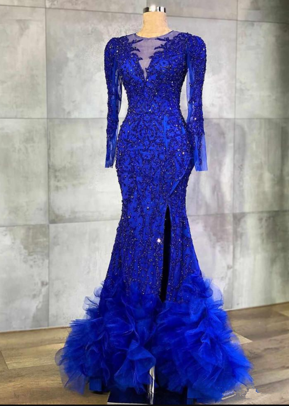 Royal Blue Long Sleeves Mermaid Prom Dress Sexy Lace Appliqued Evening Gown High Side Split Formal Party Dress