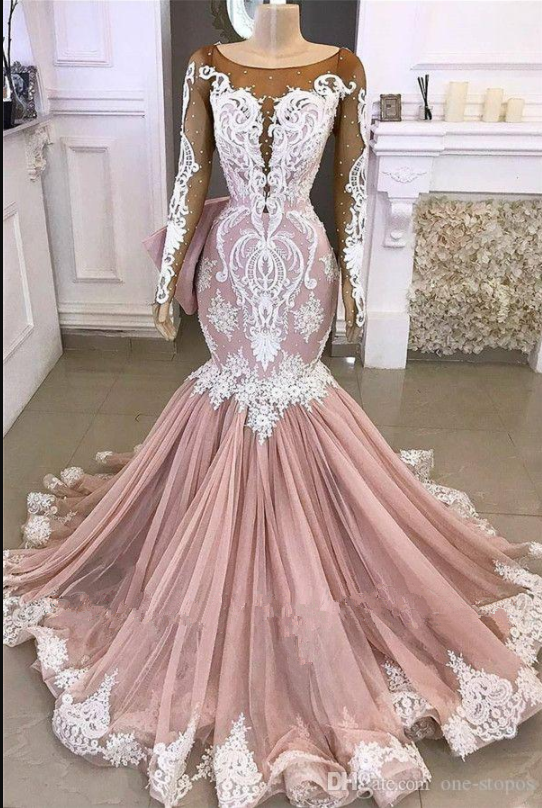 Blush Pink African Plus Size Mermaid Prom Dresses Vintage Long Sleeves Evening Gonw Sexy Lace Appliqued Sheath Formal Party Wear