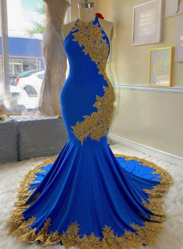 Royal Blue And Gold Applique Prom Gowns Evening Dress Long 2020 Halter Top Satin Mermaid Trumpet Dresses Evening Wear Mother Of The Bride
