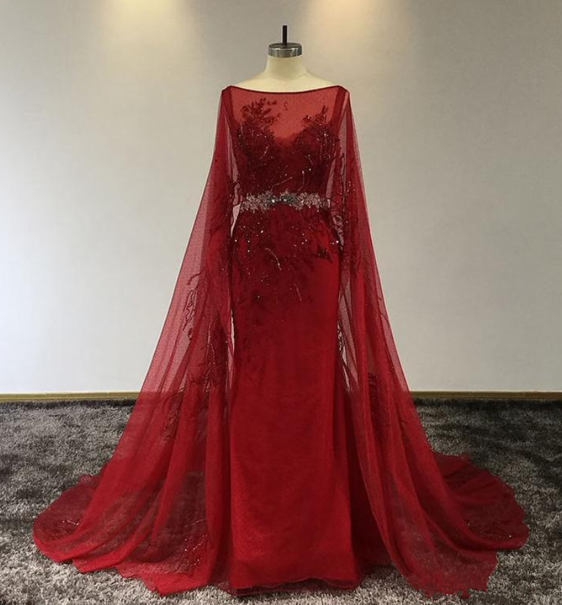 Vintage Red Lace Appliuqed Mermaid Prom Dresss Luxury Beaded Evening Gown With Shawl Long Formal Party Pageant Dresses