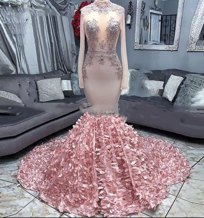 Mermaid African Prom Dresses with Sleeves High Neck 3D Leaves Skirt Special Occasion Dresses Long Graduation Gala Dress Vestido de festa