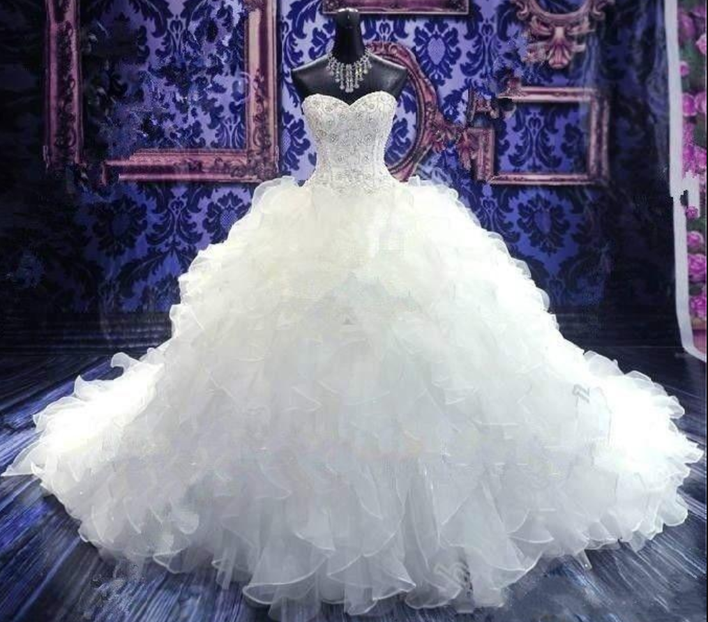 Luxury Beaded Embroidery Ball Gowns Wedding Dresses Princess Gown Corset Sweetheart Organza Ruffles Cathedral Train Bridal Dress Plus Size Custom
