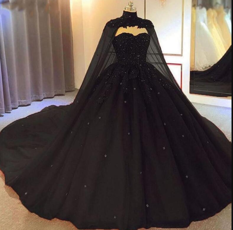 Black Ball Gown Gothic Wedding Dresses With Cape Sweetheart Beaded Tulle Princess Bridal Gowns Non White Plus Size Corset Back Marriage