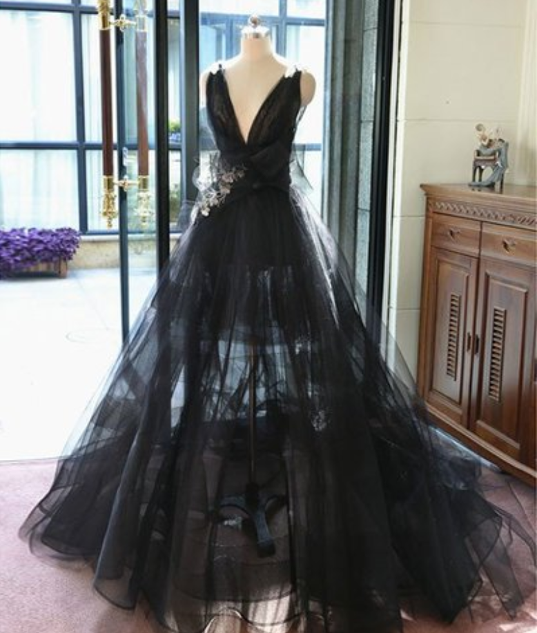Trendy Evening Dress, Black V-neck Prom Dress, Tulle Long Prom Dress