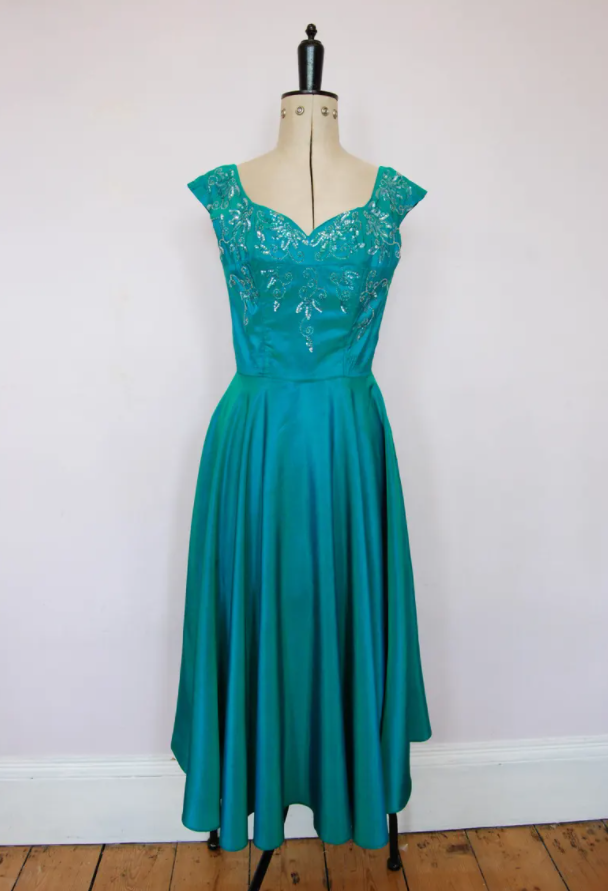 Vintage 1950s Iridescent Teal Satin Ball Gown - 50s Prom Dress - 50s Satin Dress - 50s Beaded Prom Dress - 50s Ball Gown - 50s Party Dress