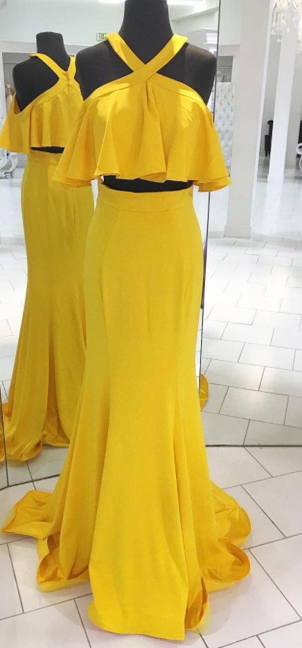 Two Piece Yellow Long Prom Dress With Ruffle,prom Dresses,evening Dress, Prom Gowns, Formal Women Dress,prom Dress