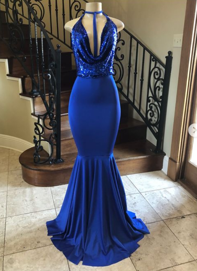 Halter Neck Mermaid Satin Prom Dress Royal Blue Long Chiffon Evening Dress