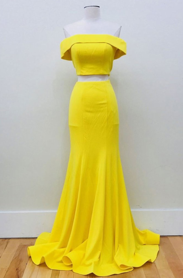 Yellow Satin Off Shoulder Two Piece Long Simple Mermaid Prom Dress