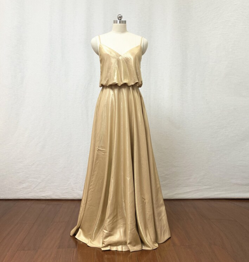 Spaghetti Straps Gold Metal Fabric Long Bridesmaid Dress