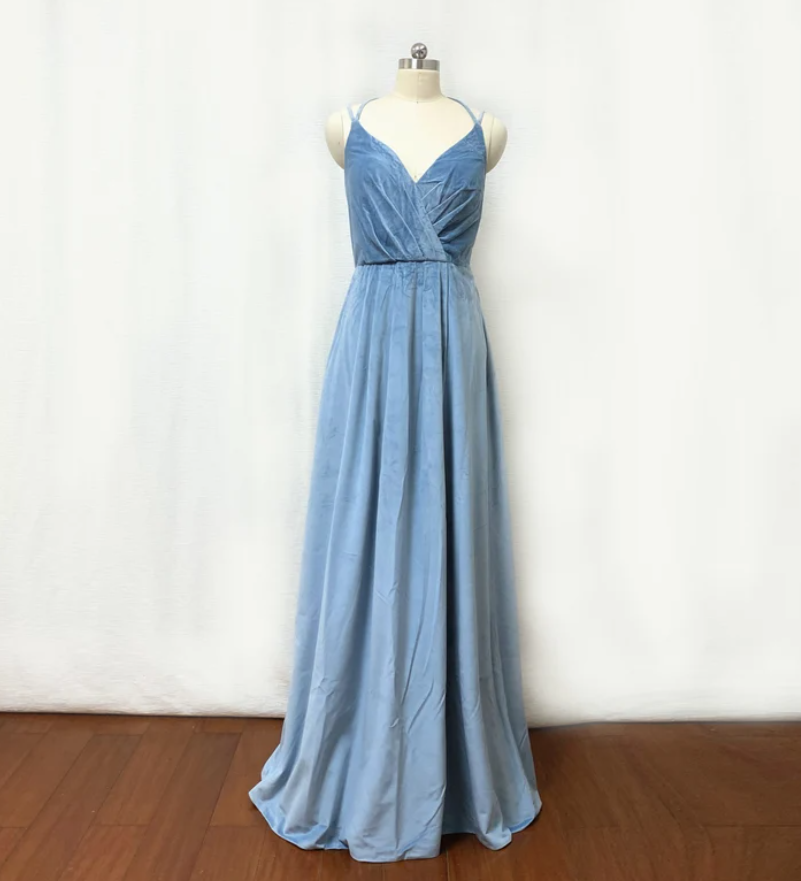 Dusty Blue Velvet Long Bridesmaid Dress With Slit