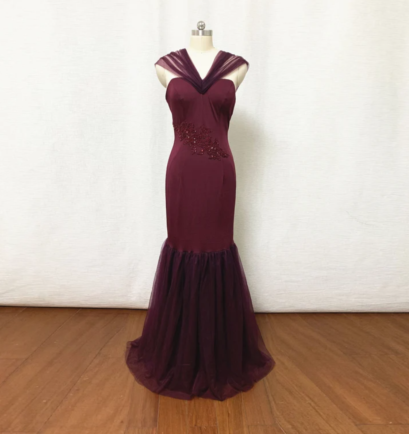 Dark Red Velvet Long Prom Gown, Evening Party Dress With Beadings