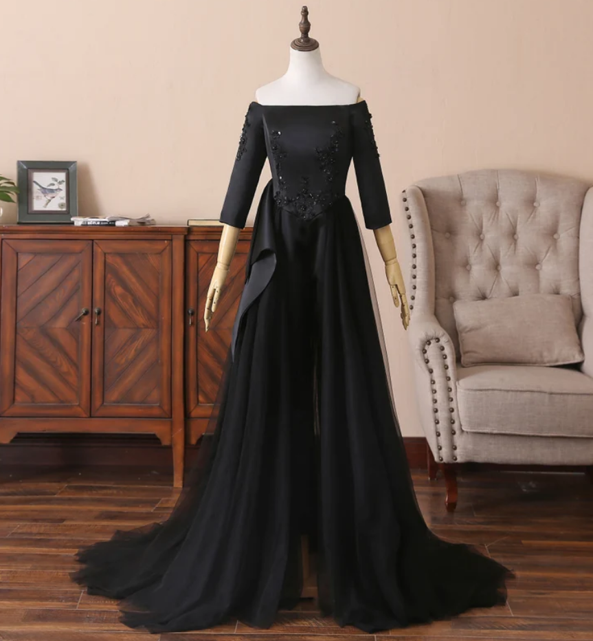 Prom Dresses Black Prom Dress Boat Neckline Weddingdress Gothic Wedding Dress Floor Length Bridal Dress 3/4 Sleeves Formal Party Dress Black