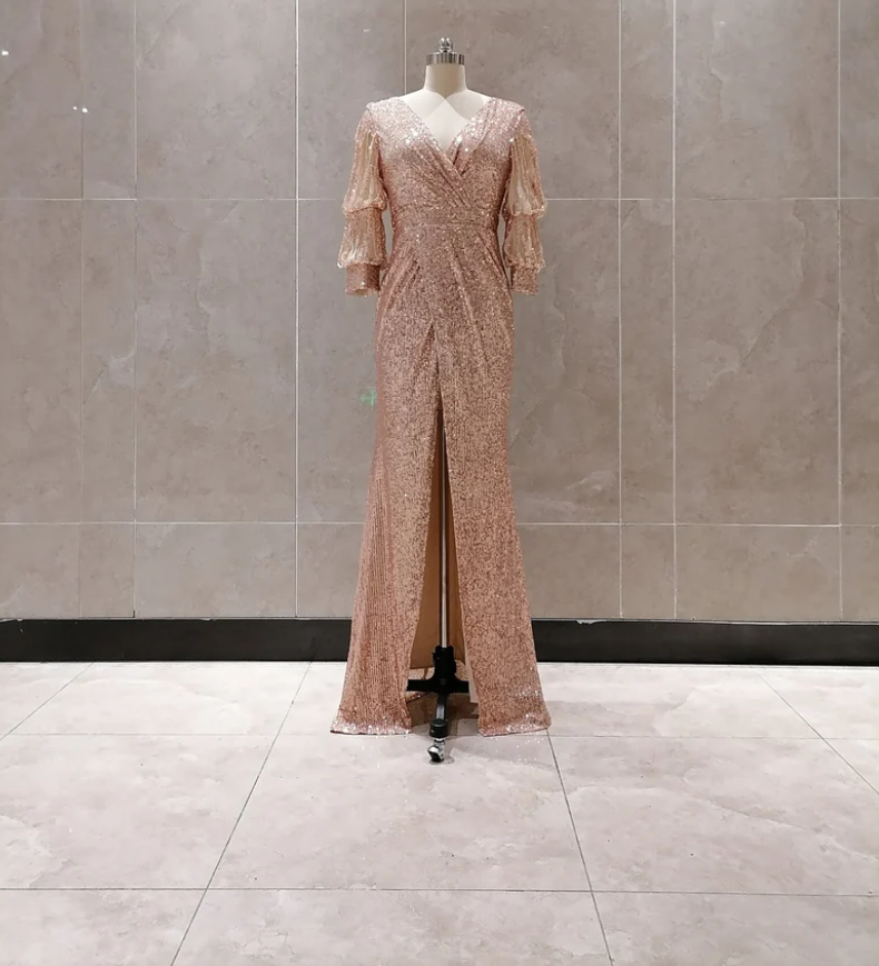 Mermaid Prom Dress Long Formal Evening Party Dress Sexy V Neck Half Sleeves Split Sequins Wedding Homecoming Dress Cocktail Dress