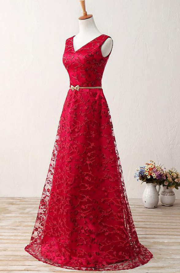 Stylish V Neck Red Lace Long Prom Dress With Gold Sash