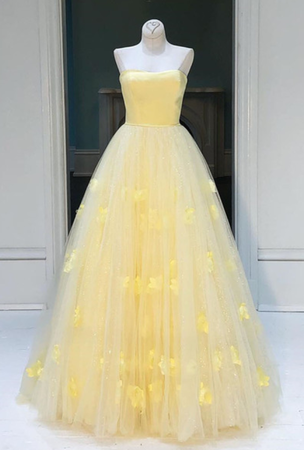 Yellow Tulle Princess Strapless A-line Long Prom Dress, Party Dress