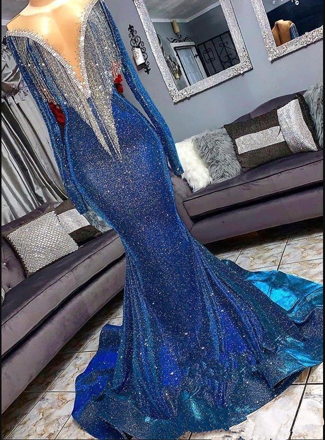 2019 Bling Tassels Top Sequined Mermaid Long Prom Dresses Slim Long Sleeves Fringes Beaded Sweep Train Formal Evening Party Wear Gowns