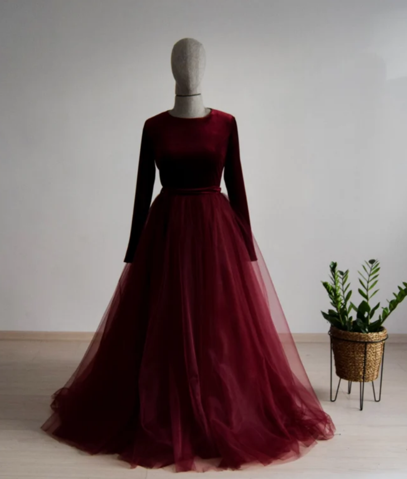 Prom Dresses Burgundy Lux Velvet Long Sleeve Bridesmaid Dress, Floor Length Deep Wedding Dress