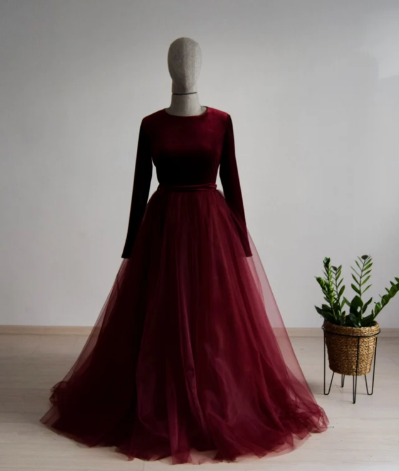 Prom Dresses Burgundy Lux Velvet Long Sleeve Bridesmaid Dress, Floor Length Deep  Wedding Dress on Luulla