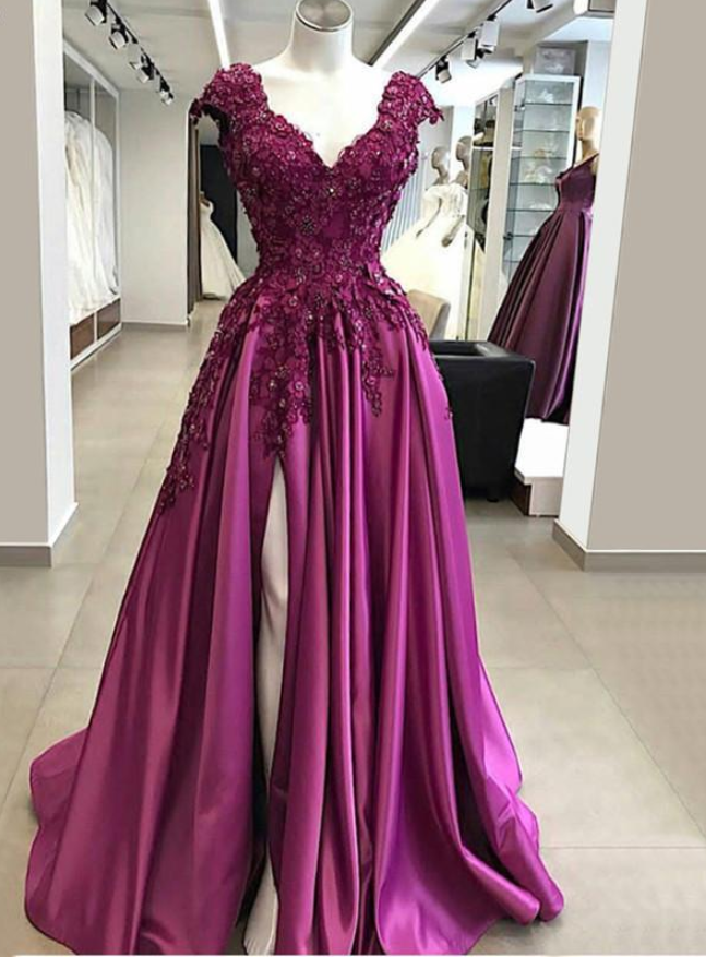 2020 Fuchsia 3d Flowers Prom Dresses Sexy High Side Split Satin Evening Gown Plus Size Lace Appliqued A-line Formal Party Gown