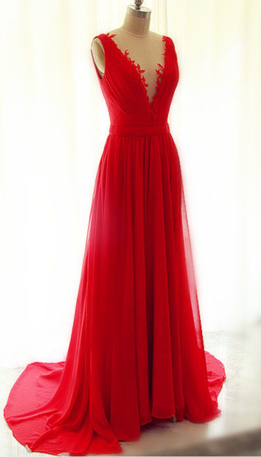 Beautiful Red Chiffon Long V-neckline Handmade Evening Gowns With See Through Tulle, Red Party Dresses, Prom Gowns, Graduation Dresses, Party