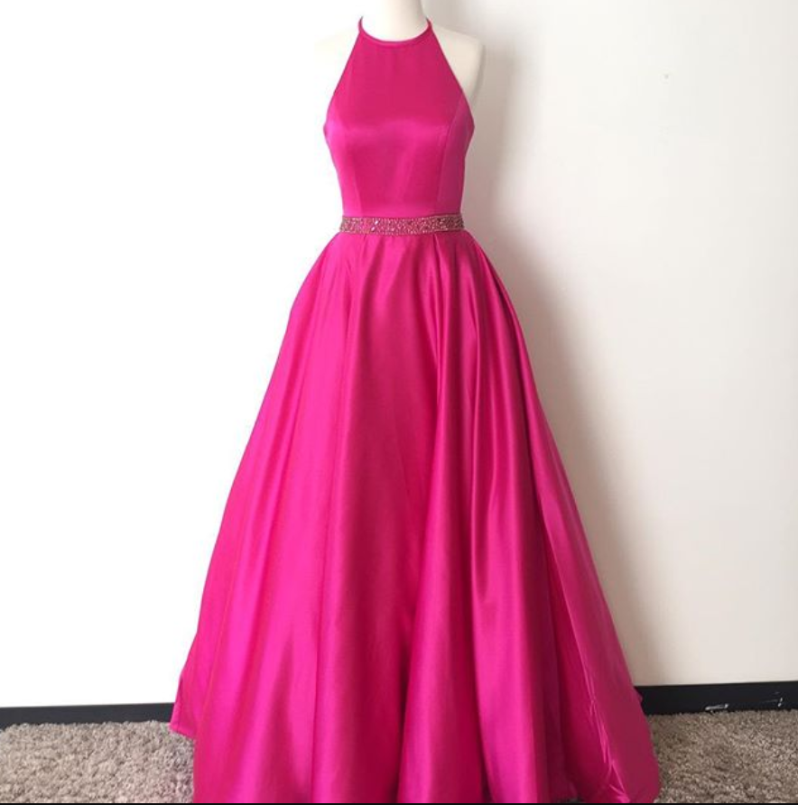 Pink Halter Long Satin Prom Dresses,open Back A-line Simple Prom Dress For Teens,plus Size Prom Gowns,modest Evening Dresses,women Dresses