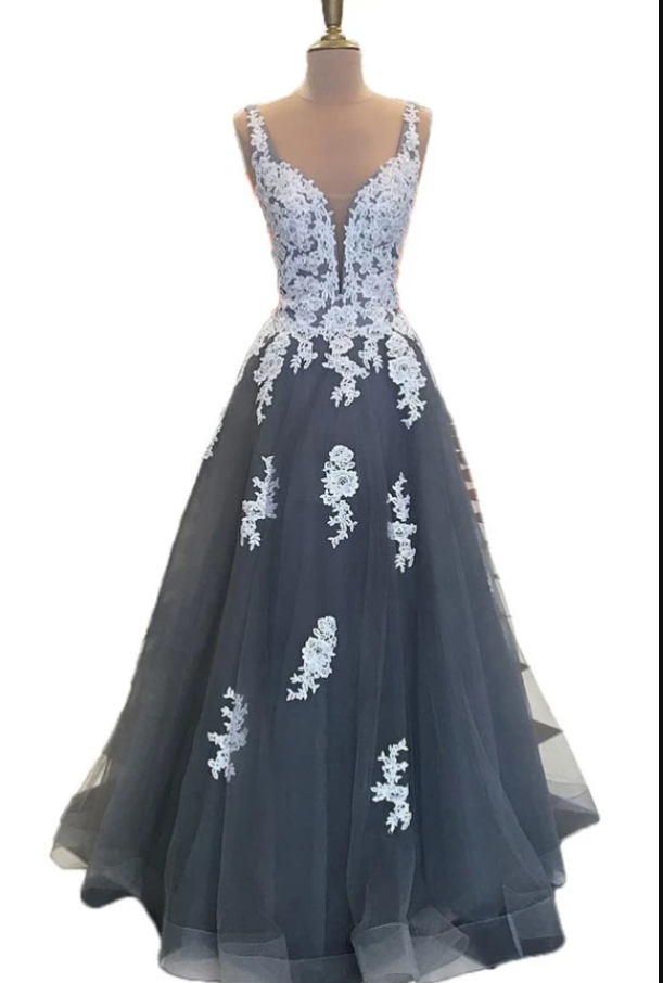 Deep V Neck Off The Shoulder Grey Tulle White Lace Prom Dresses Evening Party Dress