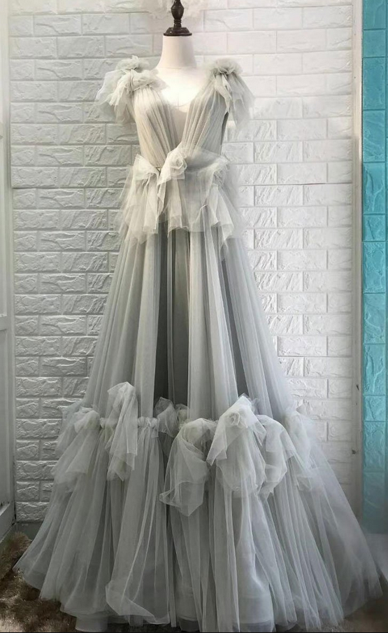 Gray V Neck Tulle Long Prom Dress, Gray Tulle Evening Dress