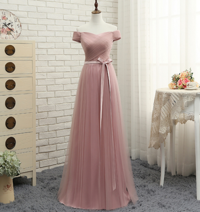 Pink Tulle Off Shoulder A Line Long Prom Dress, Pink Evening Dresses