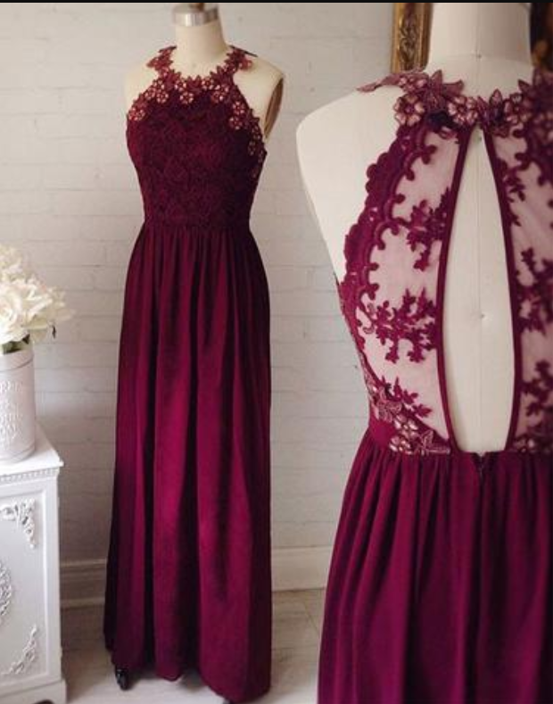 Lace Top Halter Burgundy Chiffon 2017 Long Prom Dress