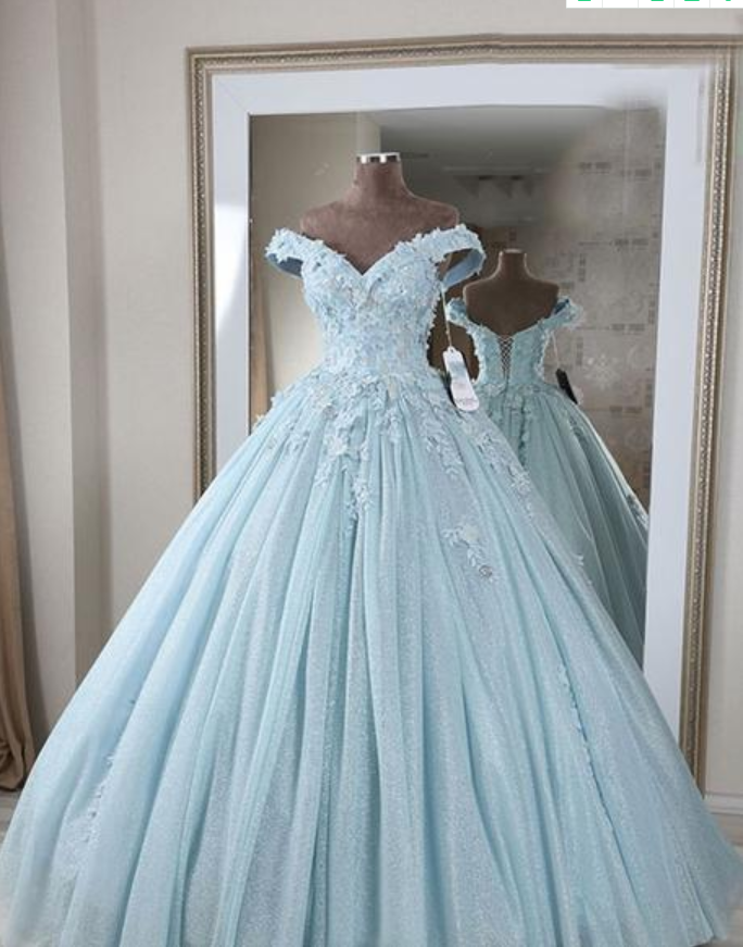 Stunning Beautiful Blue V Neck Lace Long Prom Dress, Off Shoulder Evening Dress