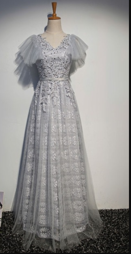 Grey, Silvery Lace Wedding Gown With Women's Sequined Party's Formal Evening Gown