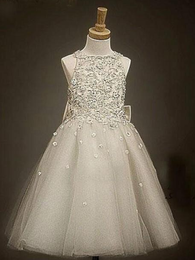 Bridesmaid Of Flower Girls Dresses Little Girl Formal Gown With Dark Ivory A-line Lace Jewel Bow Appliques Sequins Tea-length Tulle