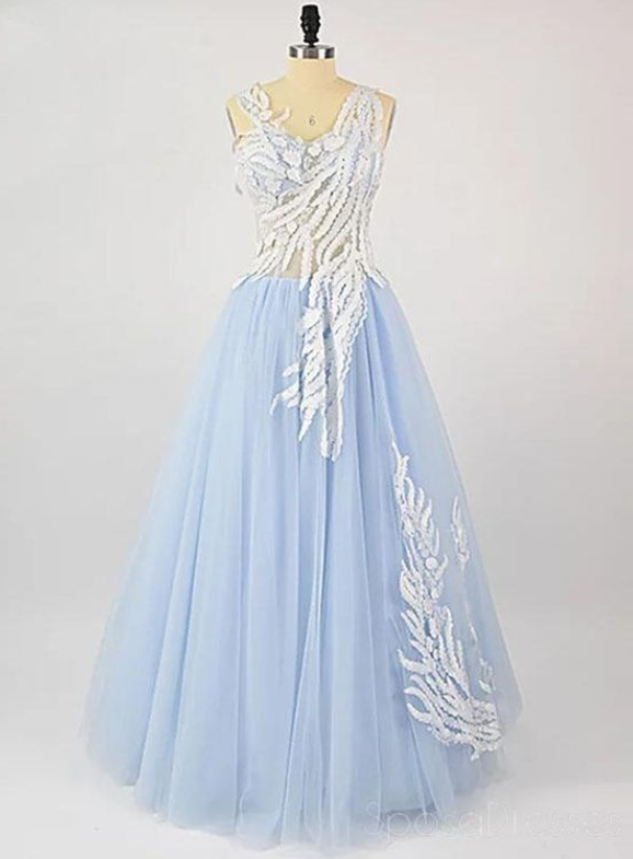 Pale Blue See Through Lace Long Evening Prom Dresses