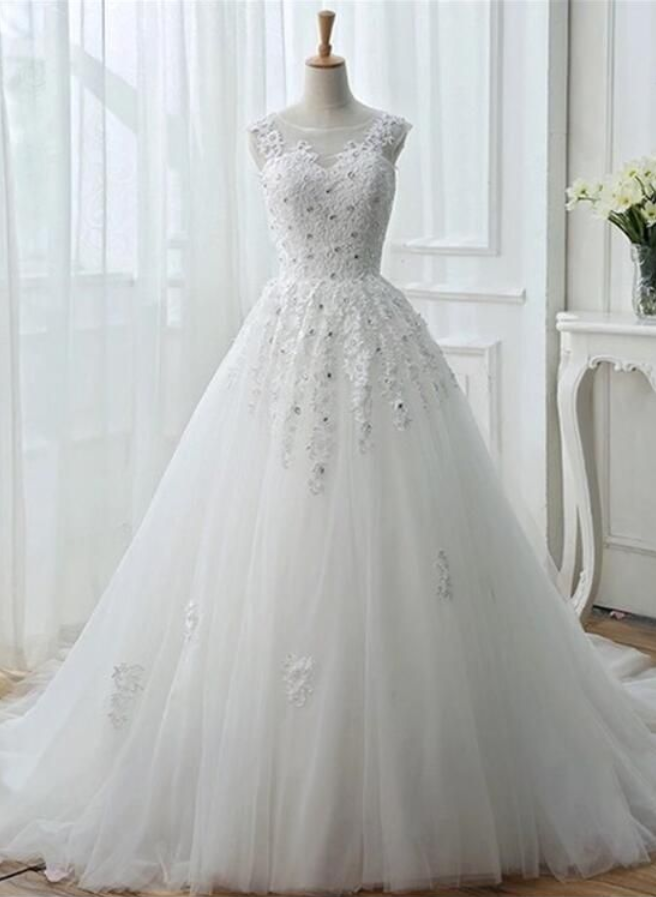 White Tulle Lace Wedding Gowns, Pretty Sweet 16 Dresses, White Prom Dresses